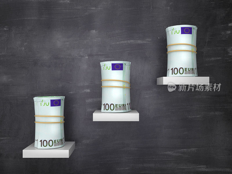 步骤与欧元钱滚动在黑板上- 3D渲染